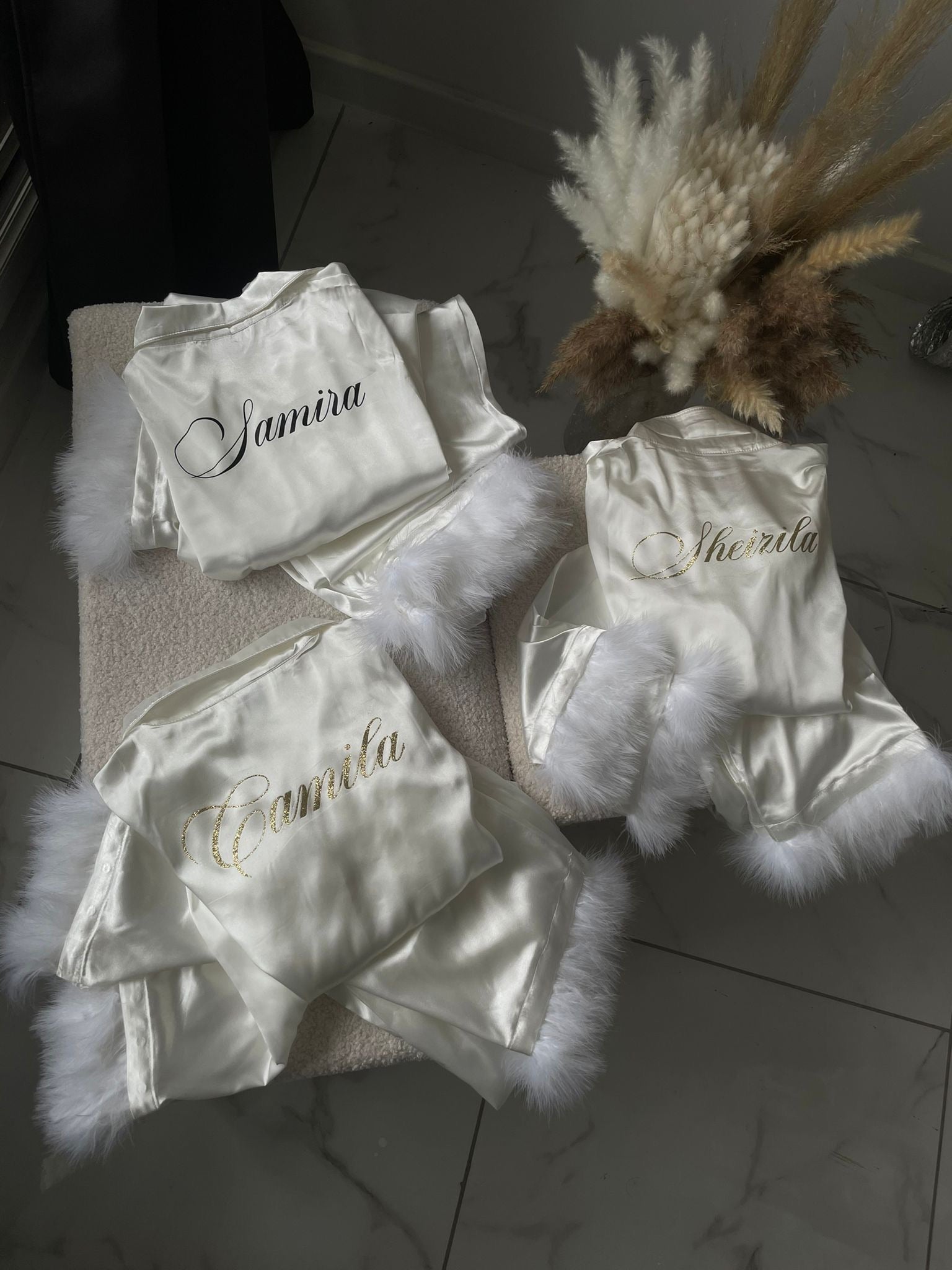 Satin and feather pajamas 